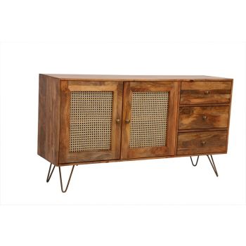 Nyack Large Sideboard - Mango Wood/Iron - L40 x W145 x H80 cm - Light Brown with Natural Rattan - Assembly Required