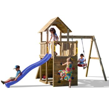 Carol Adventure Peaks Fortress 3 with Blue Slide - Outdoor Play Set - Pressure Treated Wood - L345.3 x W283.5 x H210 cm