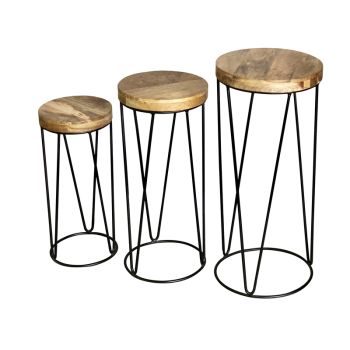 Ravi Iron Base Solid Wood Top Round Stool (Set of 3) - L30 x W30 x H69 cm - Mango Light Finish