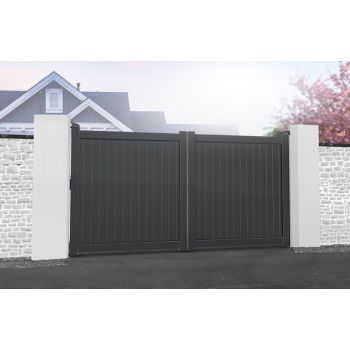 Double Swing Gate - Aluminium - 3250x1800mm - Grey - Vertical Solid Infill and Flat Top, Full Privacy Driveway Gate