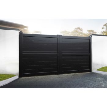 Double Swing Gate - Aluminium - 3000x1800mm - Black - Horizontal Solid Infill and Flat Top, Full Privacy Driveway Gate