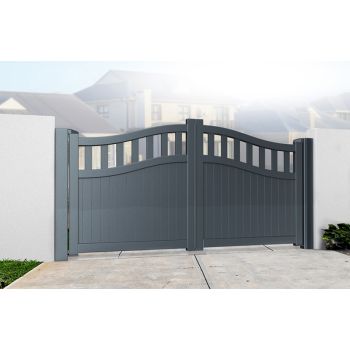 Double Swing Gate 3750x1600mm Grey - Vertical Solid Infill and Bell-Curved Top Full Privacy Driveway Gate