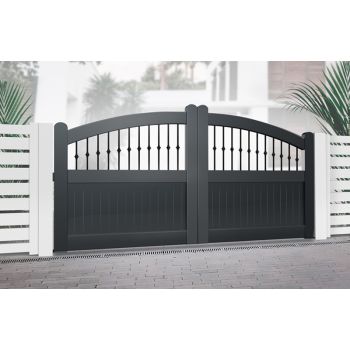 Double Swing Gate - 4500x2000mm - Black - Vertical Solid Infill, Bell-Curved Top, Partial Privacy Driveway Gate