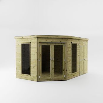 8 x 12 Feet Premium Corner Summerhouse with Side Shed - Wood/Glass - L254 x W368.5 x H211.8 cm