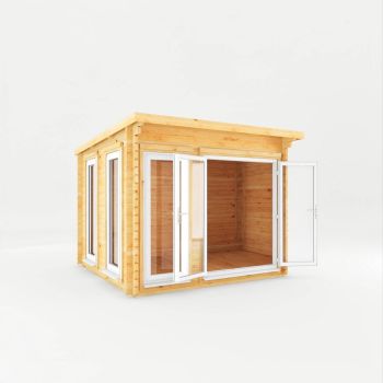 3 x 3 m Studio Pent Log Cabin - 44 mm - White UPVC Windows and Doors - Wood/Glass - L333.4 x W303.2 x H249.4 cm