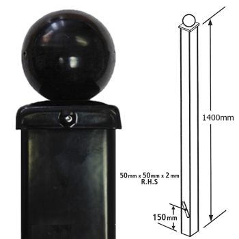Square Ball Top Concrete-In Blank Post, Any Low Gates - Solid Steel - L50 x W50 x H1400 mm - Electro Galv./Black Powder Coated