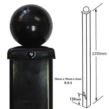 Square Ball Top Concrete-In Blank Post, Any Tall Gates - Solid Steel - L70 x W70 x H2350 mm - Electro Galv./Black Powder Coated