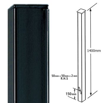 Square Flat Top Concrete-In Blank Post, Any Low Gates - Solid Steel - L50 x W50 x H1400 mm - Electro Galv./Black Powder Coated