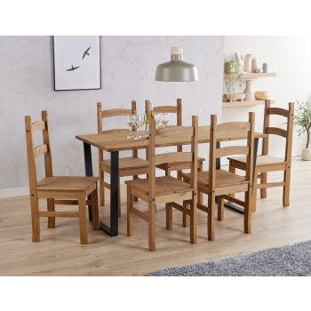 Texas Rectangular Dining Table with Metal Legs and 6 Corona Dining Chairs - Black/Antique Waxed Pine