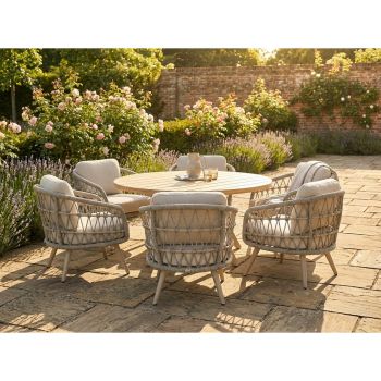 SALORA Low 6 Seat Dining Set - Powder Coated Steel Acacia - Latte Light Natural Teak