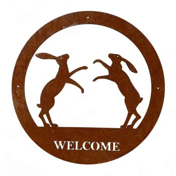 Boxing Hares Large Wall Art - With Text - Steel - W49.5 x H49.5 cm - Bare Metal/Ready to Rust