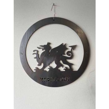 Welsh Dragon Welcome Wall Art - Small - Steel - W29.5 x H29.5 cm - Bare Metal/Ready to Rust