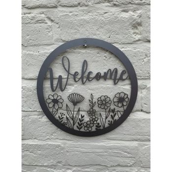 Wildflower Round Welcome Small Garden Wall Art - L29.5 x H29.5 cm - Powder Coated Black