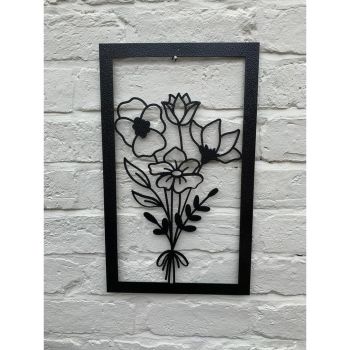 Framed Bouquet Garden Wall Art - W30 x H50 cm - Powder Coated Black
