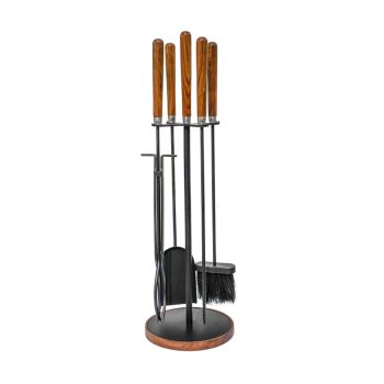 Wooden Handle Round Fireside Companion Set - Iron - L24 x W24 x H73 cm - Brown
