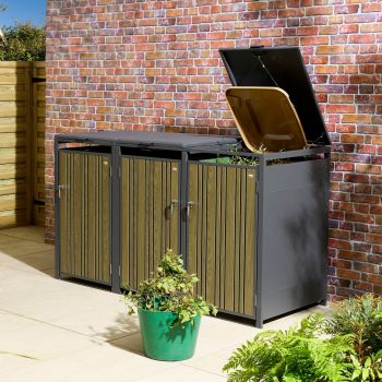 Wimbledon Triple Bin Store - Steel - L81 x W200.5 x H116.5 cm - Powder-Coated - Oak